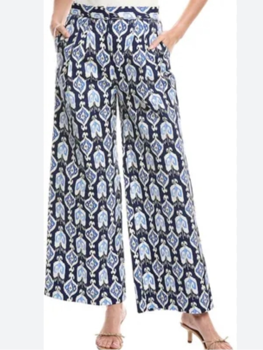 J McLaughlin NWT Amal blue ikat printed wide leg trousers preppy coastal sz 12